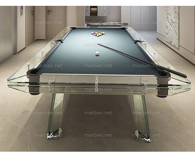 MESA DE BILLAR LUXURY GLASS1,  DE CRISTAL TEMPLADO ESTRUCTURA DE ACERO INOXIDABLE, 7FT ó 8FT